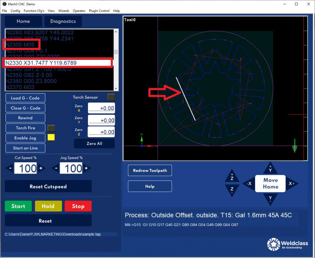 Restarting Mach3 in the middle of a G-Code file